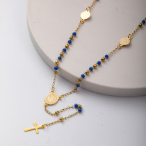 collar de moda de rosario con dijes y bolitas azules y doradas acero inoxidable para mujer