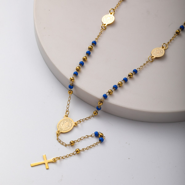 collar de moda de rosario con dijes y bolitas azules y doradas acero inoxidable para mujer