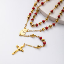 collar de rosario con dijes de maria acero inoxidable 18k con bolita roja y dorado por mayor para mujer