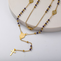 collar largo aesthetic de rosario con bolitas negras y doradas acero inoxidable para mujer