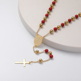 collar de moda de rosario con dijes de maria y colgante cruz y bolita rojas acero inoxidable