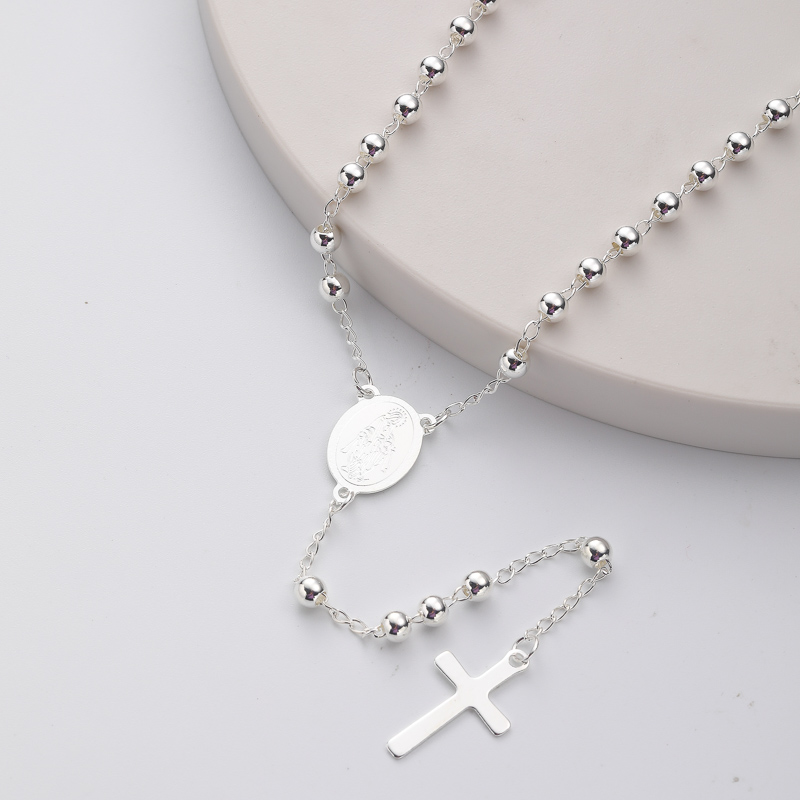 collar de moda de rosario plateado blanco con dijes maria y colgante de cruz para mujer por mayor