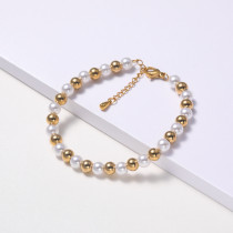 pulsera de mujer con perlas bolitas acero color dorado estilo enb moda