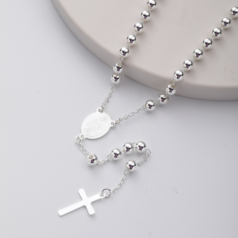 collar aesthetic de rosario plateado blanco con dijes de maria y colgante de cruz para mujer por mayor