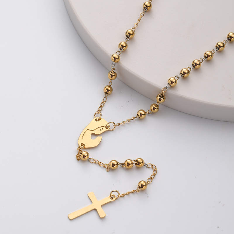 collar de moda de rosario dorado con dijes de maria y colgante de cruz para mujer por mayor