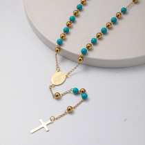 collar aesthetic de rosario con dijes y colgante gruz y bolita azul acero inoxidable