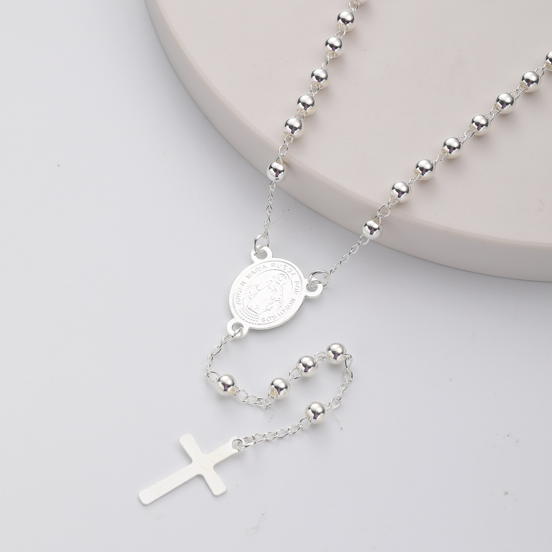 collar de moda de rosario plateado blanco con dijes y colgante de cruz para mujer por mayor