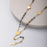 collar aesthetic de rosario con dijes y bolitas azules y doradas acero inoxidable para mujer