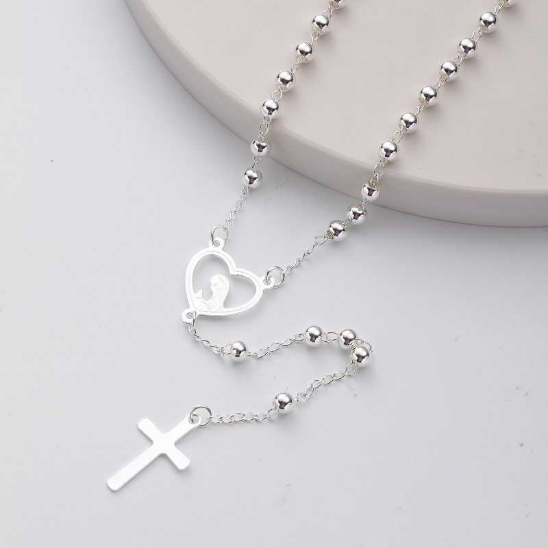 collar de moda de rosario plateado blanco con dijes de maria corazon y colgante de cruz para mujer por mayor