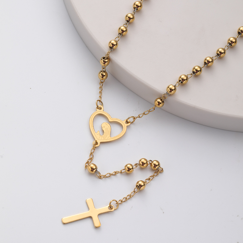 collar de moda de rosario dorado con dijes de maria corazon y colgante de cruz para mujer por mayor