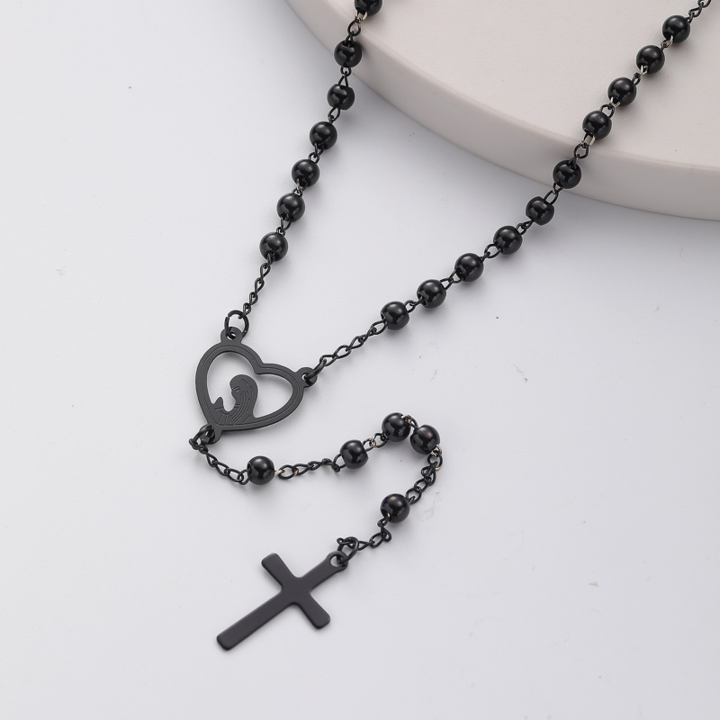 collar de moda de rosario negro con dijes de maria corazon y colgante de cruz para mujer por mayor
