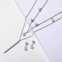 conjunto de moda de perlas con aretes gotas de acero inoxidable plateado