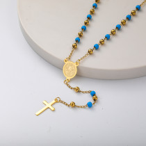 collar de rosario de moda con dijes y bolita azul y dorada para mujer