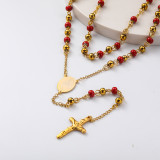 collar de rosario doble acero inoxidable 18k con bolita roja y dorado por mayor para mujer