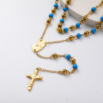 collar de rosario con dijes de maria acero inoxidable 18k con bolita azul y dorado por mayor para mujer