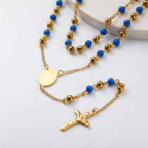 collar de rosario doble acero inoxidable 18k con bolita azul y dorado por mayor para mujer