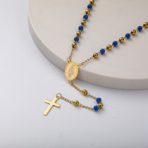 collar de rosario de moda con dijes de maria  bolita azul y dorada para mujer