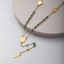 collar de moda de rosario con dijes y bolitas azul claro y doradas acero inoxidable para mujer