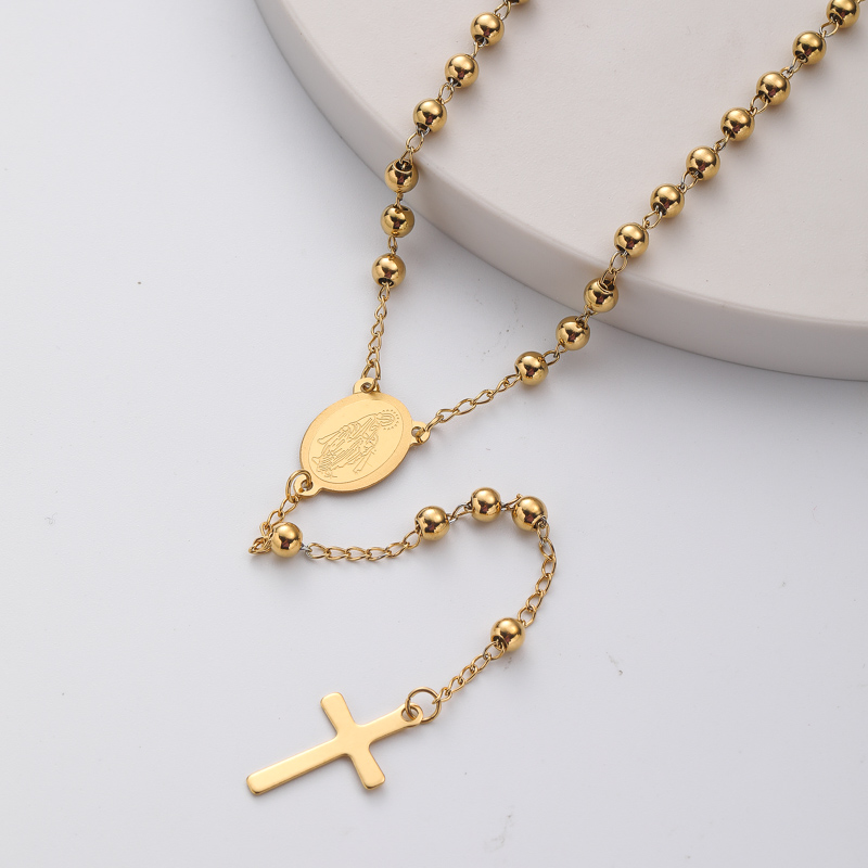 collar aesthetic de rosario dorado con dijes de maria y bolitas y colgante de cruz acero inoxidable para mujer