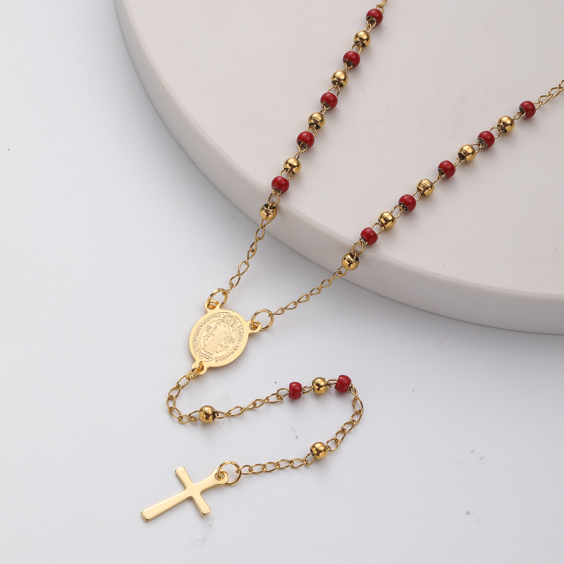 collar aesthetic de rosario bolitas rojas y colgante de cruz acero inoxidable para mujer