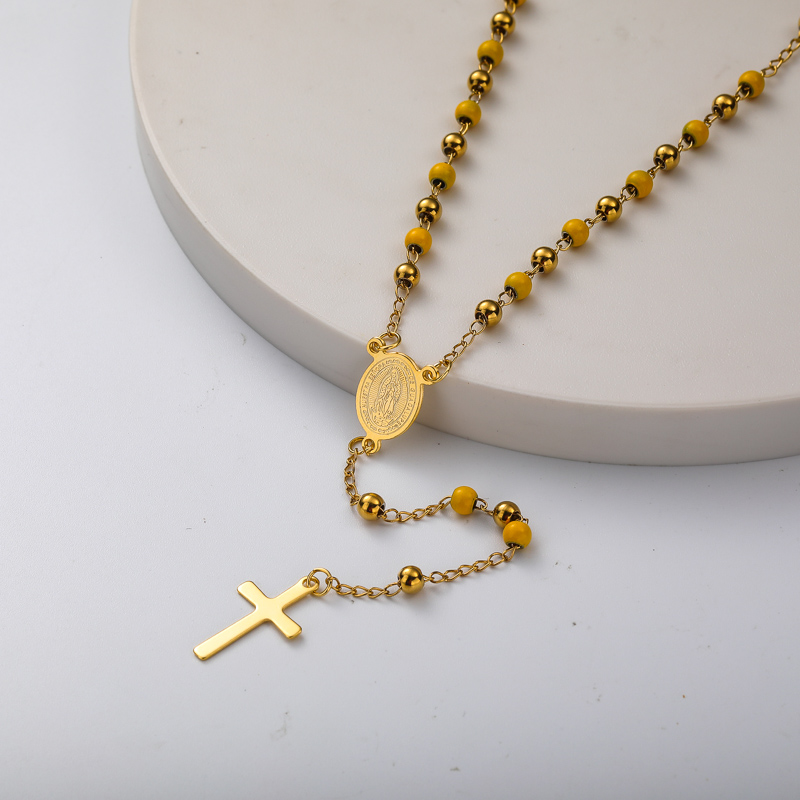 collar de rosario de moda con bolita amarillo y dorada para mujer