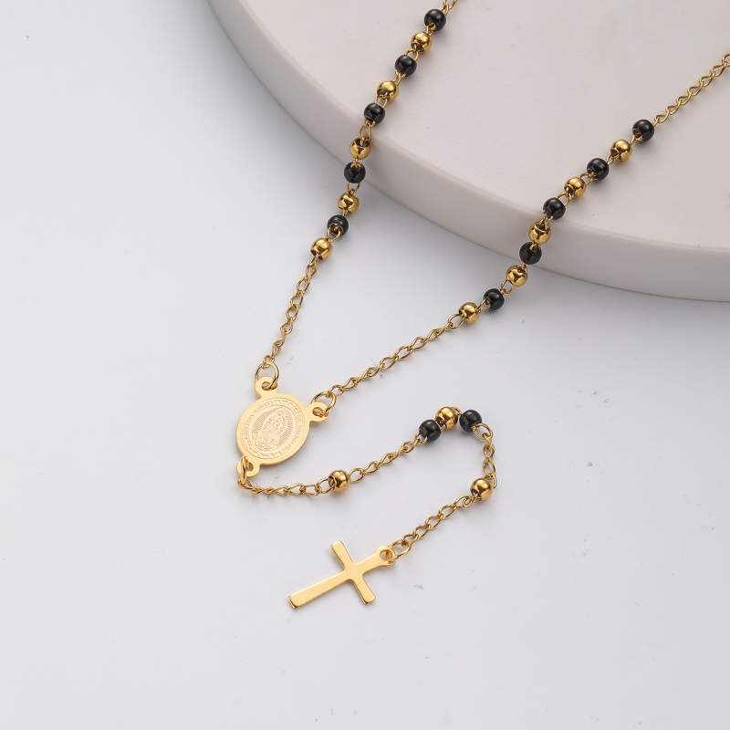 collar aesthetic de rosario con dijes y colgante de cruz acero inoxidable para mujer