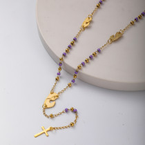 collar de moda de rosario con dijes de maria y bolitas violetas y doradas acero inoxidable para mujer