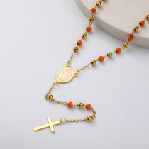 collar de rosario de moda con bolita naranja y dorada para mujer