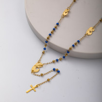 collar de moda de rosario con dijes de maria y bolitas azules y doradas acero inoxidable para mujer