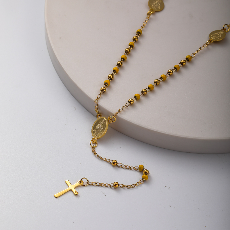 collar de moda de rosario con dijes de bolitas doradas acero inoxidable para mujer