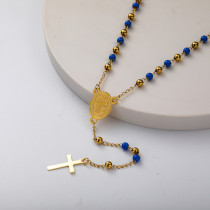 collar de rosario de moda con dijes y bolita azul y dorada acero inoxidable para mujer