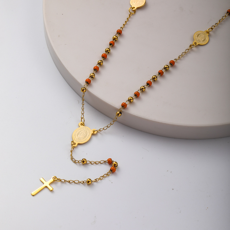 collar de moda de rosario con dijes y bolitas rojas y doradas acero inoxidable para mujer