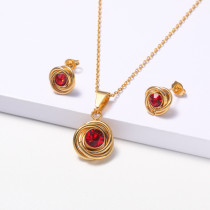 conjuntos con aretes acero estilo simple color dorado con piedra roja para mujer