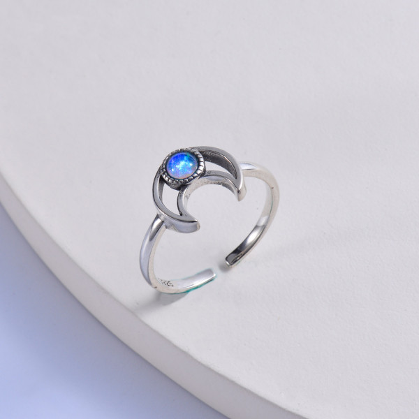 Anillo de plata 925 para mujer con piedras de ópalo azul cz corte redondo de moda de luna