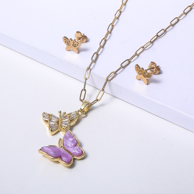 conjunto de acero inoxidable 18k con colgante de mariposa con zirconia violeta para mujer por mayor