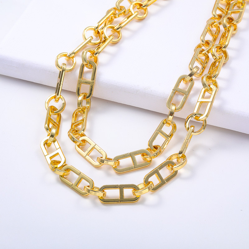 US$ 7.40 - collar de acero doble cadena gruesa con dijes color dorado  estilo en moda para mujer - Joyas De Acero Por Mayor