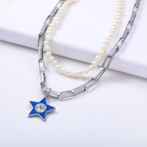 collares de moda doble con cadena de perlas y colgante de estrella azul por mayor
