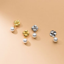 Pendientes de mujer S925 plata personalidad simple perlas de concha flores de perlas sintéticas