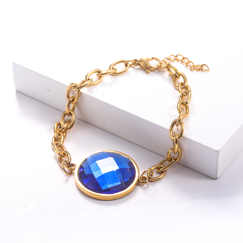 pulsera de acero color dorado con piedra azul grande para mujer diseno 2022 con charms estilo en moda