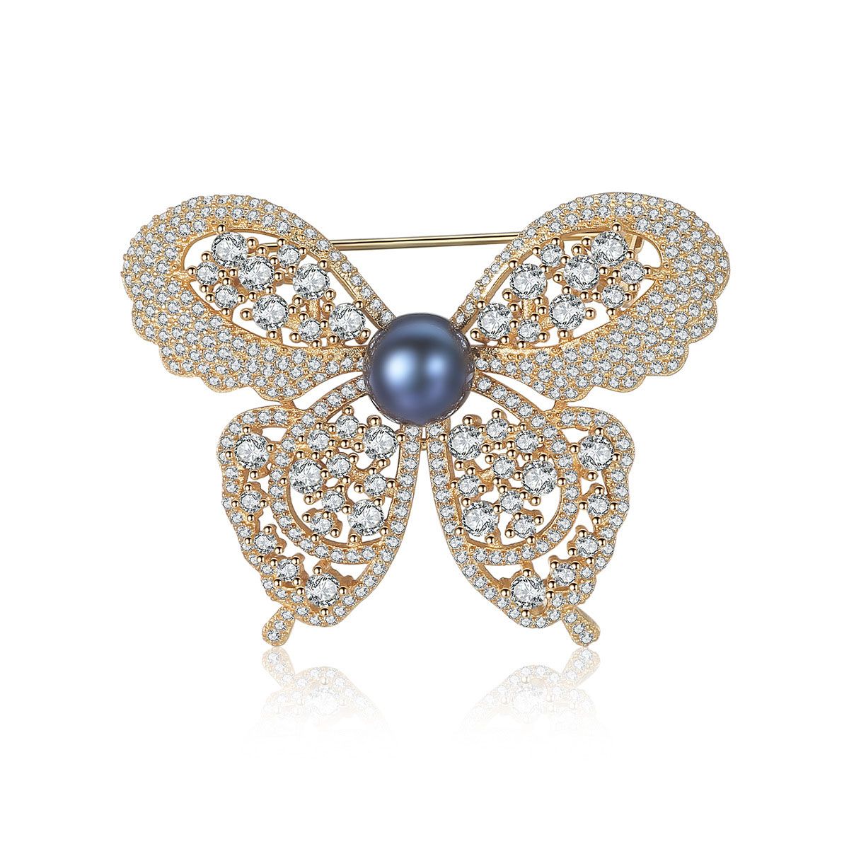 Broche de plata 925 con perla natural redonda de mariposa CZ