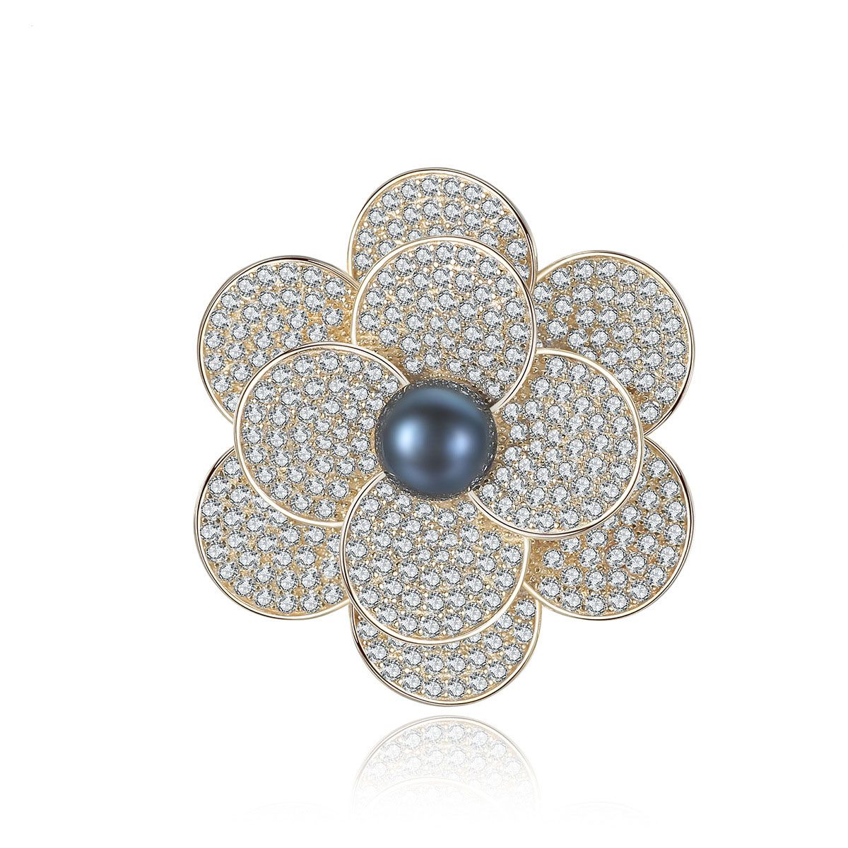 Broche de flor de plata CZ de perla natural azul oscuro 925