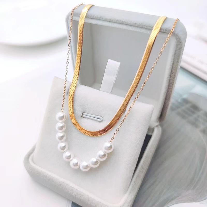 Collar de perlas artificiales de acero de titanio geométrico estilo Retro Simple para mujer collares de acero inoxidable con incrustaciones de perlas