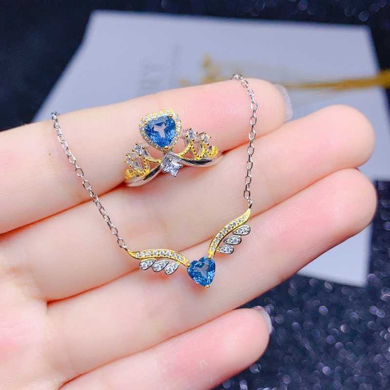 nuevo collar de ala de ángel en forma de corazón anillo de color topacio azul colgante conjunto de oro laminado