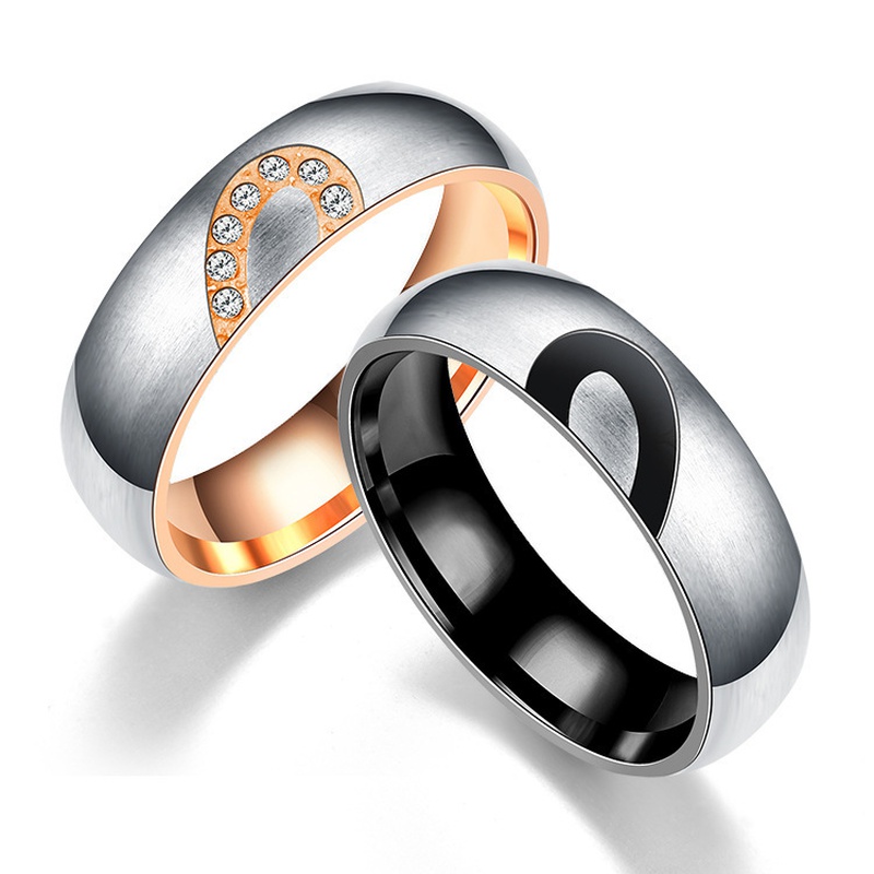 anillos de pareja de diamantes en forma de corazón de acero inoxidable al por mayor