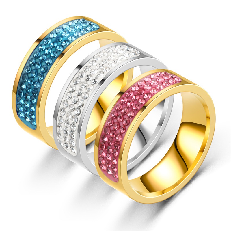 Europeo y americano Nuevo titanio acero DiamondStudded anillo para mujer tres filas diamante completo acero inoxidable pareja anillo coreano mano joyería al por mayor