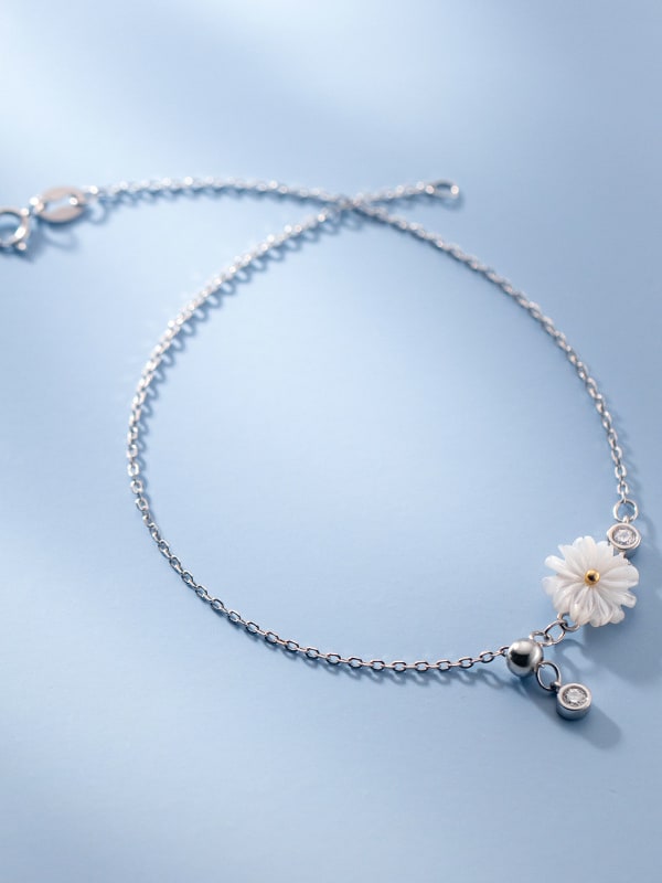 Tobillera minimalista con flor de concha de plata de plata 925