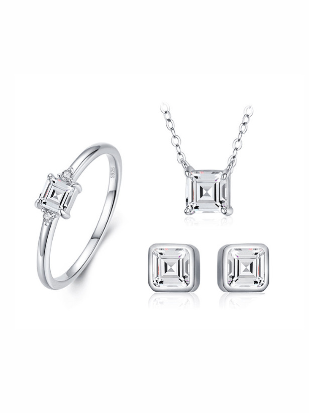 Juego de collar y anillo de aretes cuadrados minimalistas de plata de plata 925 con circonitas cúbicas