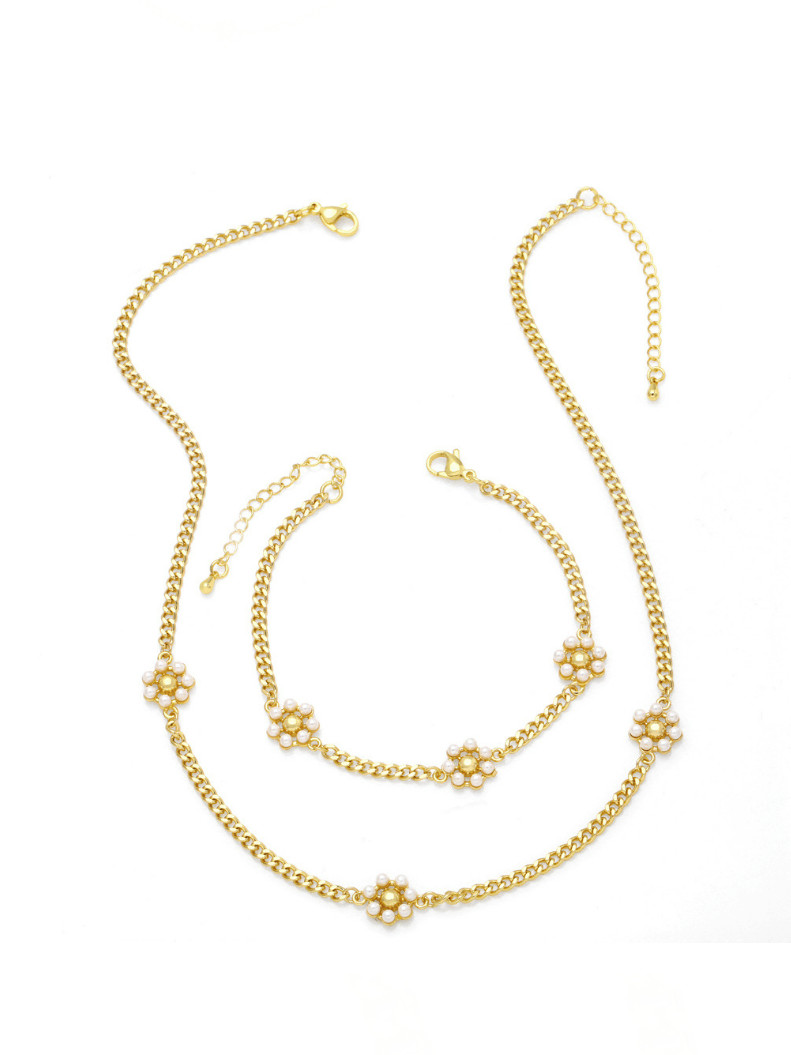 Juego de collar y brazalete con flor vintage de perlas de imitación de oro laminado