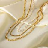 Moda 18K oro acero inoxidable pequeña cadena de perlas collar de tres capas mujeres