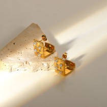 Pendientes de botón geométricos de cara ancha cuadrada con patrón de martillo de perlas con incrustaciones retro Acero inoxidable de oro de 18 quilates
